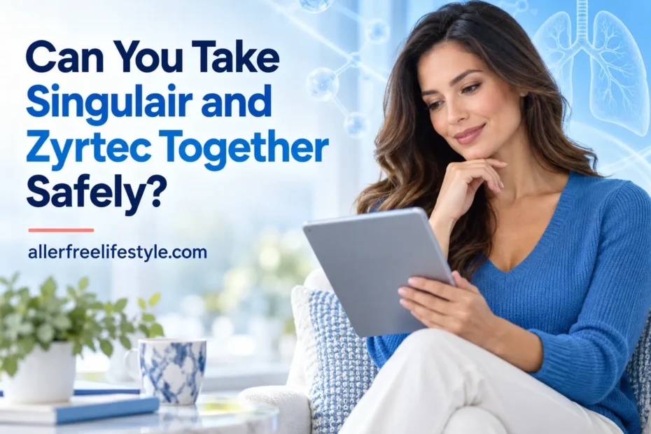 Woman researching whether Singulair and Zyrtec can be taken together safely