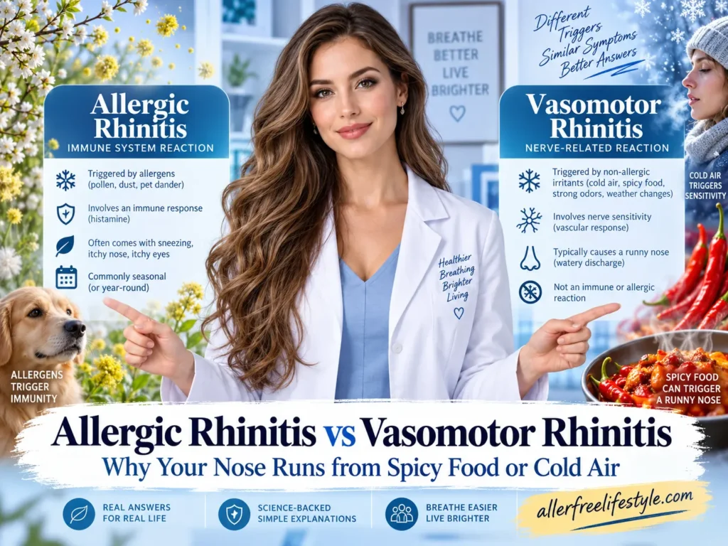 Medical comparison showing allergic rhinitis vs vasomotor rhinitis differences, including allergy triggers, cold air, spicy food, and nasal sensitivity