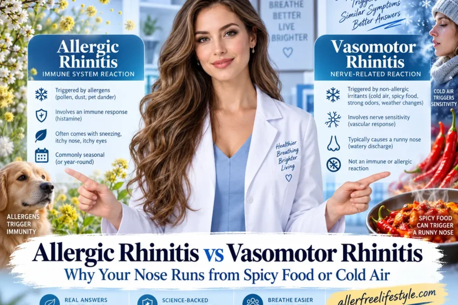 Medical comparison showing allergic rhinitis vs vasomotor rhinitis differences, including allergy triggers, cold air, spicy food, and nasal sensitivity
