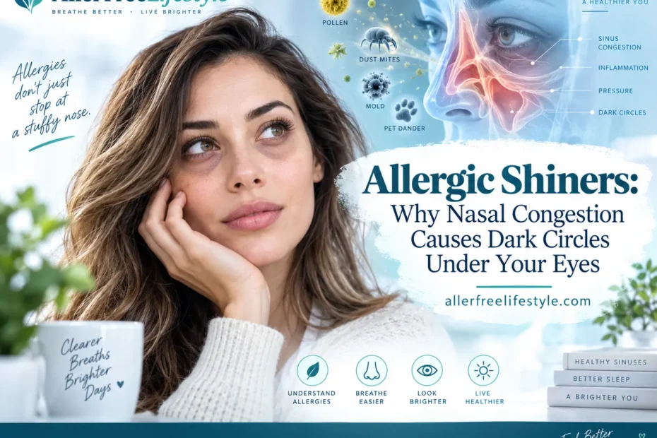 Woman showing allergic shiners caused by nasal congestion with dark circles under eyes from allergies