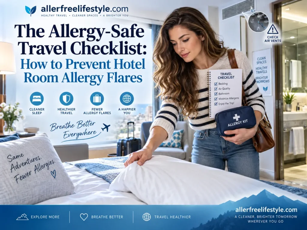 Traveler checking a hotel room bed with an allergy-safe travel checklist to prevent dust mites, mold, and indoor allergens
