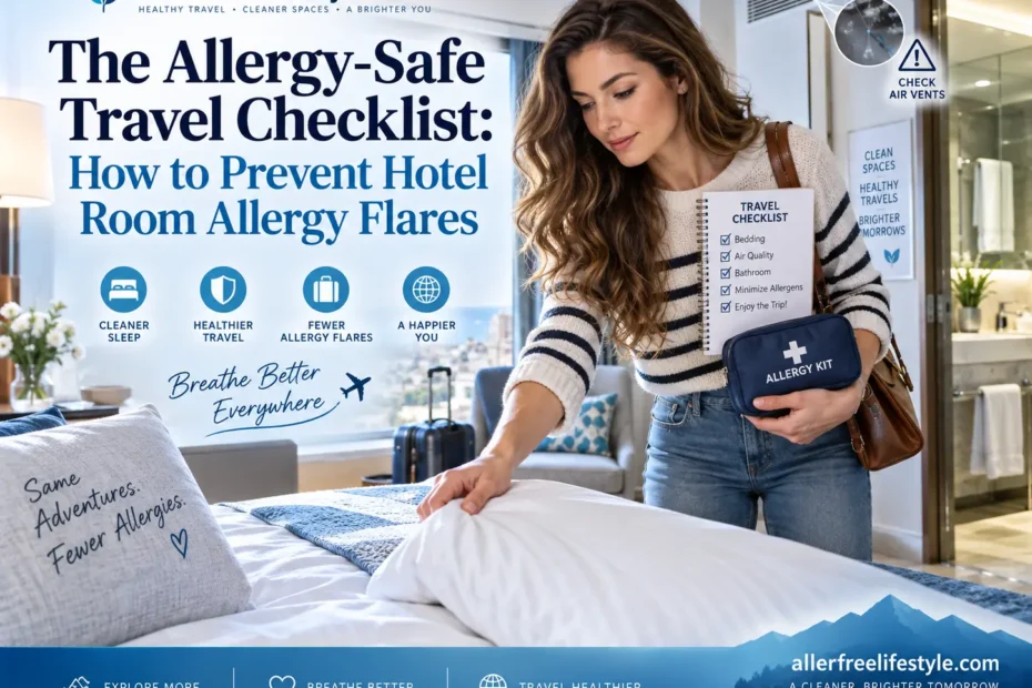 Traveler checking a hotel room bed with an allergy-safe travel checklist to prevent dust mites, mold, and indoor allergens