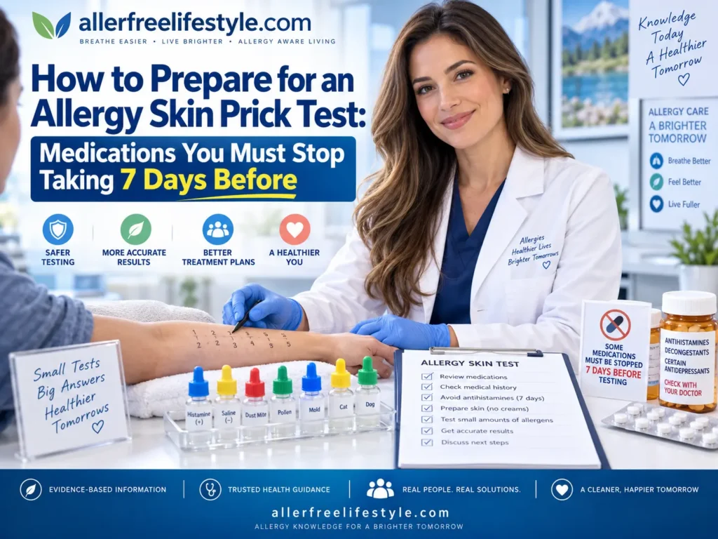 Allergy specialist preparing a patient for a skin prick test with medication guidance showing which allergy medicines may need to be stopped 7 days before testing