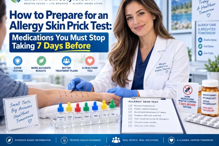 Allergy specialist preparing a patient for a skin prick test with medication guidance showing which allergy medicines may need to be stopped 7 days before testing