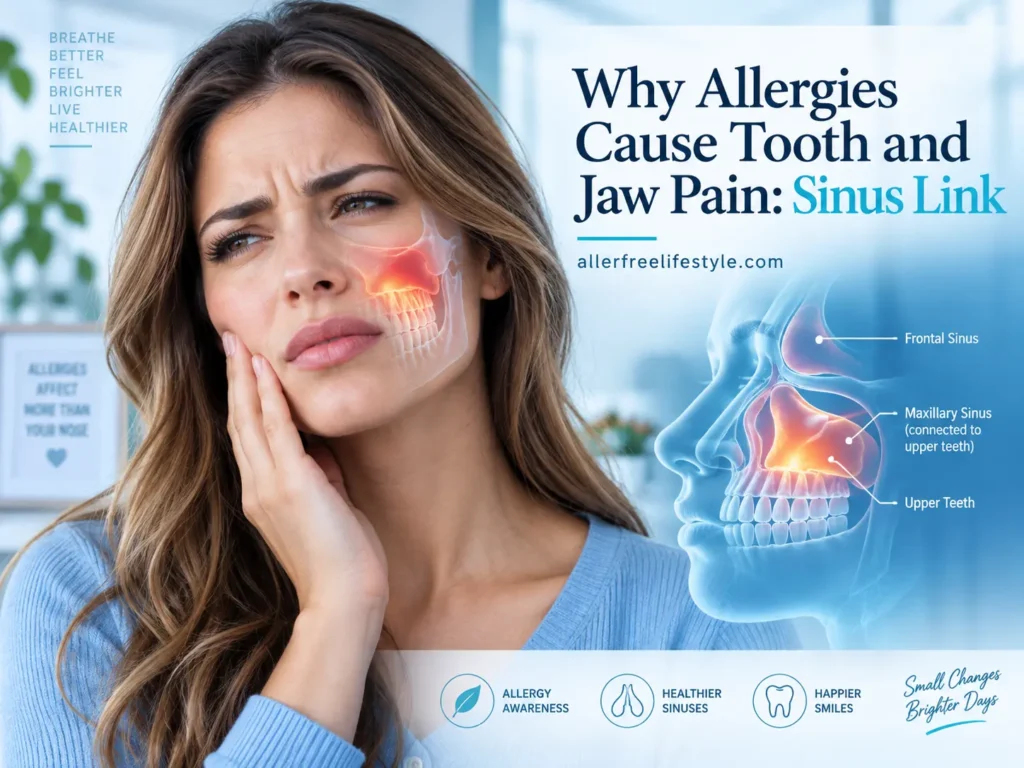Woman experiencing tooth and jaw pain during allergy flare-up showing sinus pathway connection between maxillary sinus and upper teeth