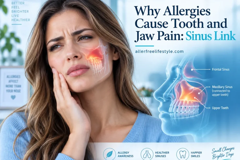 Woman experiencing tooth and jaw pain during allergy flare-up showing sinus pathway connection between maxillary sinus and upper teeth