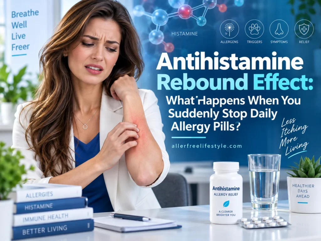 Woman experiencing itching after stopping daily antihistamine pills while explaining antihistamine rebound effect and allergy medication discontinuation