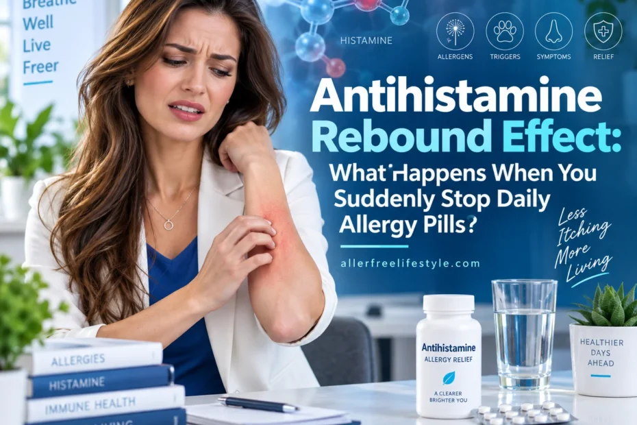 Woman experiencing itching after stopping daily antihistamine pills while explaining antihistamine rebound effect and allergy medication discontinuation