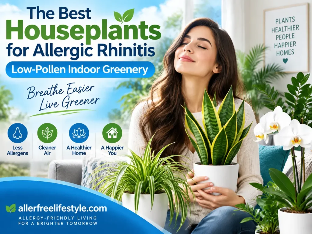 Woman relaxing with allergy-friendly low-pollen houseplants including snake plant and indoor greenery for allergic rhinitis