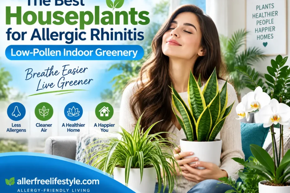 Woman relaxing with allergy-friendly low-pollen houseplants including snake plant and indoor greenery for allergic rhinitis