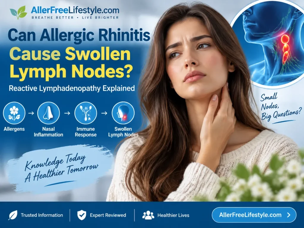 Woman touching neck while medical illustration shows allergic rhinitis inflammation and reactive lymph node swelling