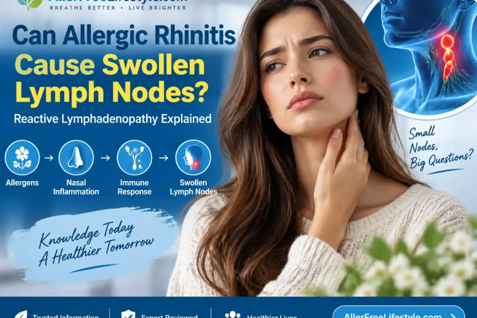 Woman touching neck while medical illustration shows allergic rhinitis inflammation and reactive lymph node swelling