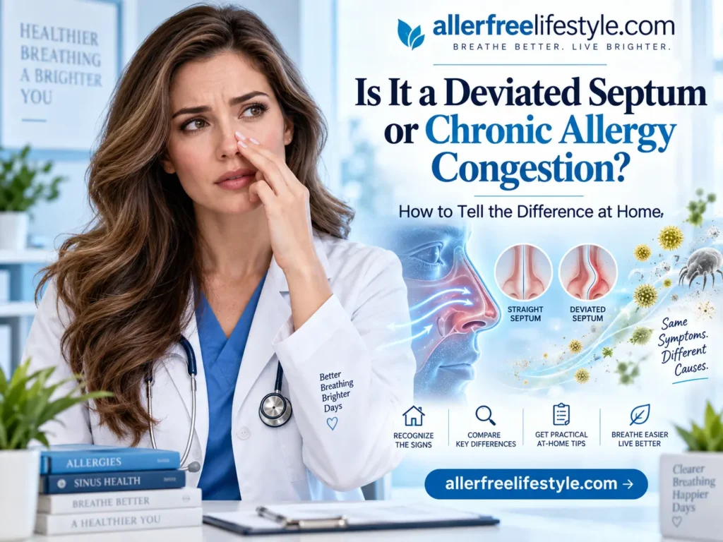 Doctor explaining the difference between deviated septum and chronic allergy congestion with nasal anatomy and allergy symptoms