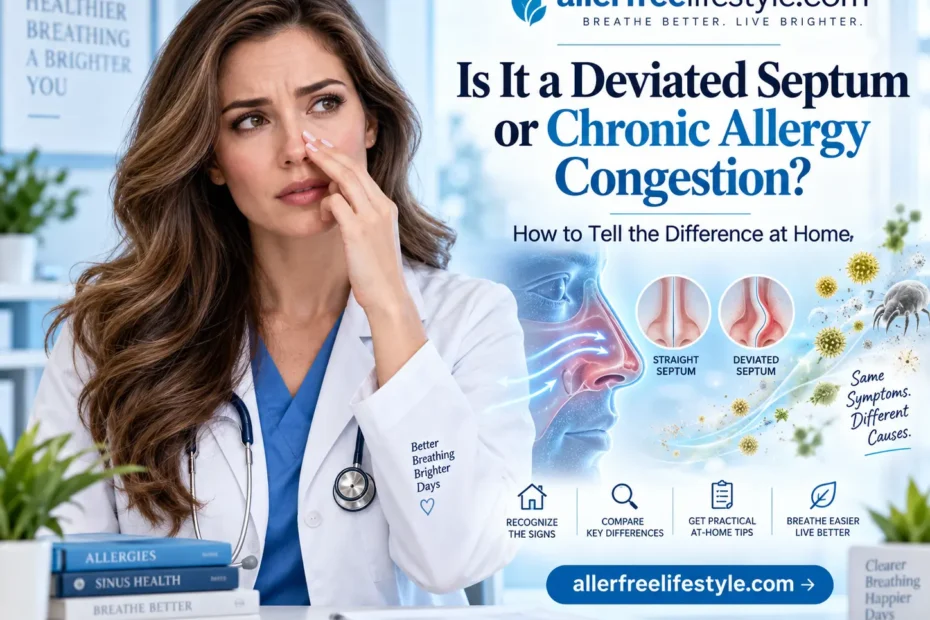 Doctor explaining the difference between deviated septum and chronic allergy congestion with nasal anatomy and allergy symptoms
