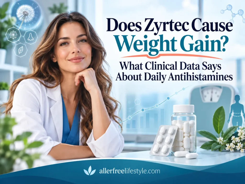 Medical illustration showing Zyrtec weight gain research with antihistamine tablets, clinical data, and healthcare professional reviewing evidence