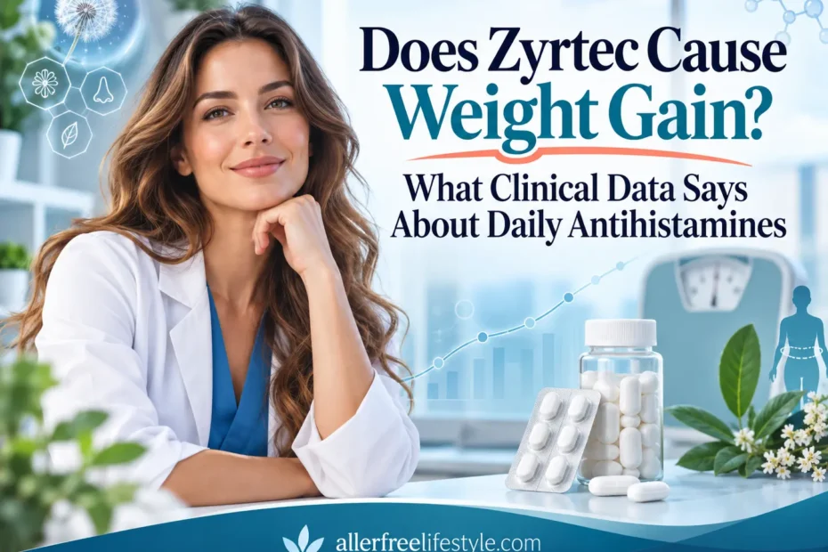 Medical illustration showing Zyrtec weight gain research with antihistamine tablets, clinical data, and healthcare professional reviewing evidence