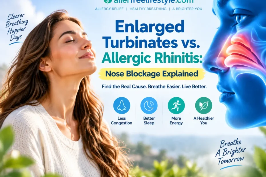 Medical illustration showing enlarged turbinates vs allergic rhinitis with a woman breathing comfortably and nasal anatomy explaining causes of chronic nasal blockage