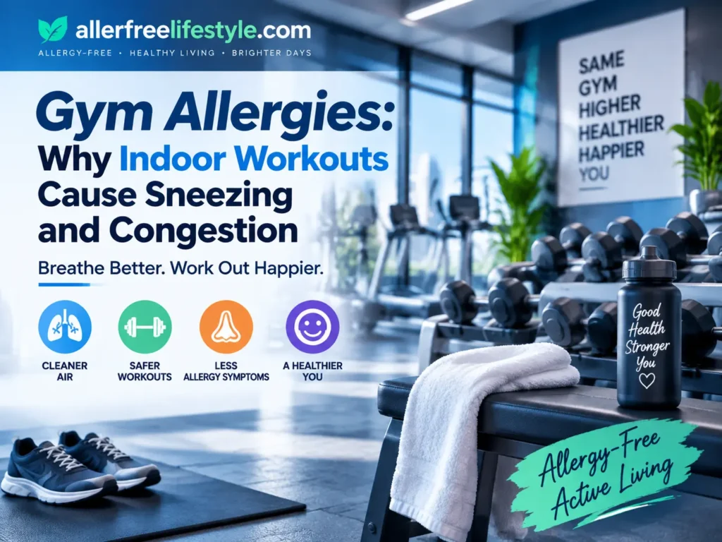 Woman experiencing sneezing and nasal discomfort during an indoor gym workout due to possible gym allergy triggers