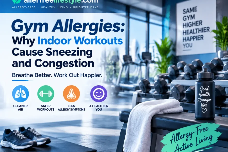 Woman experiencing sneezing and nasal discomfort during an indoor gym workout due to possible gym allergy triggers