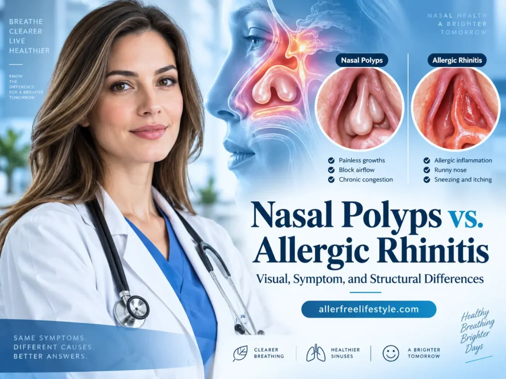 Medical hero image showing a healthcare professional and a visual comparison of nasal polyps vs allergic rhinitis, including structural and symptom differences