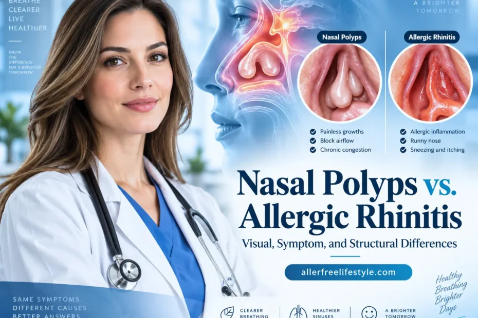 Medical hero image showing a healthcare professional and a visual comparison of nasal polyps vs allergic rhinitis, including structural and symptom differences