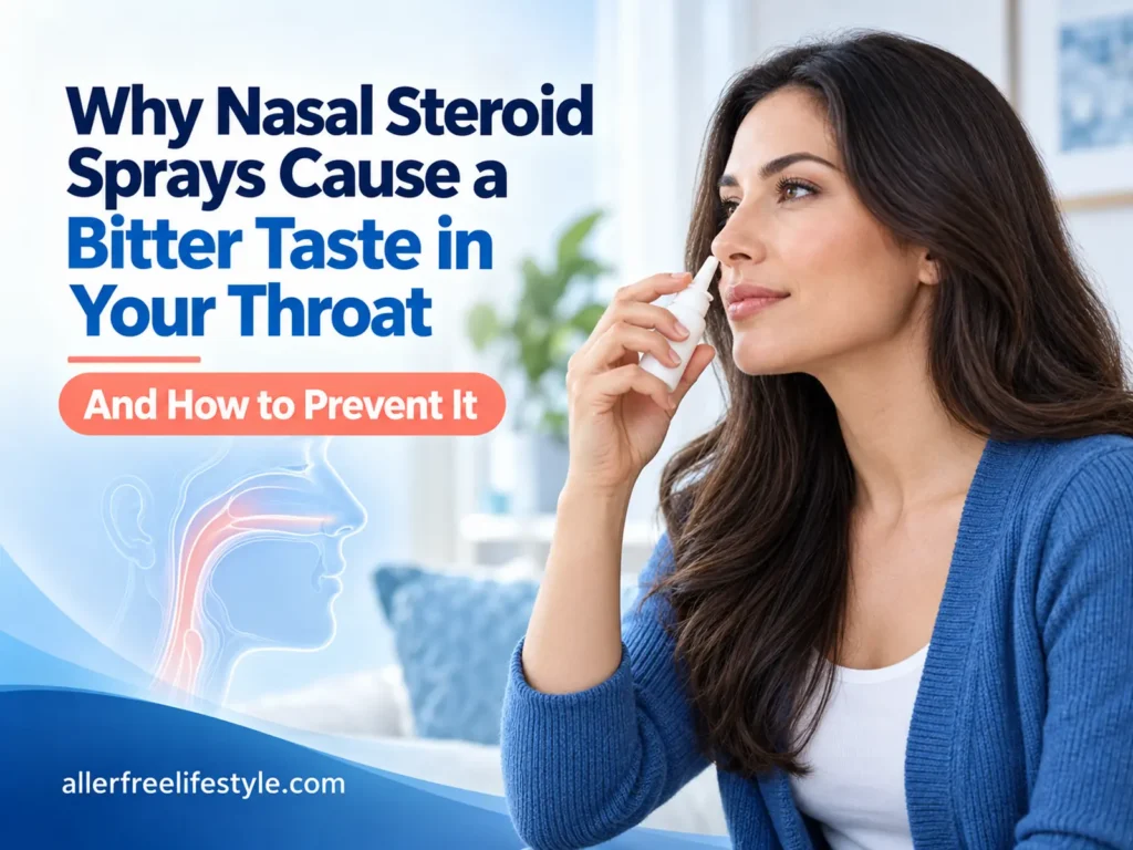 Woman using a nasal steroid spray with a nose and throat illustration