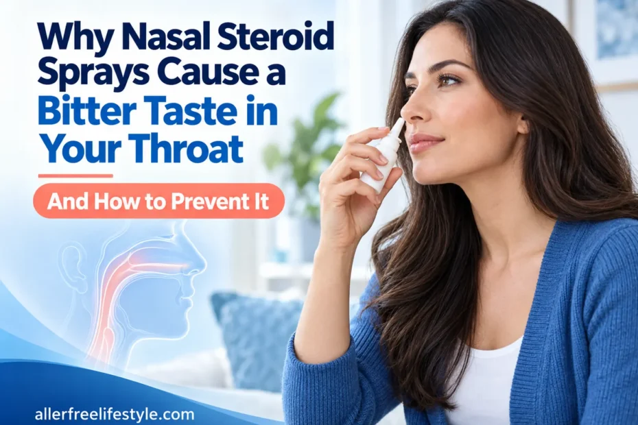 Woman using a nasal steroid spray with a nose and throat illustration