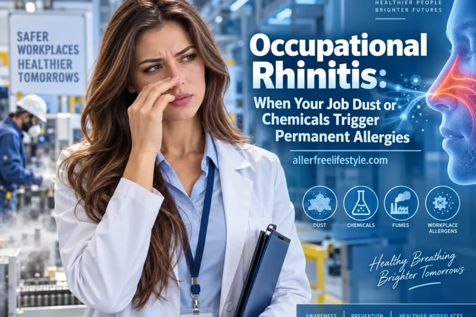 Healthcare professional experiencing occupational rhinitis symptoms from workplace dust and chemical exposure in an industrial environment