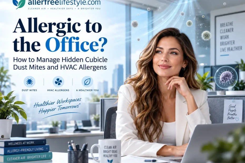 Professional woman in modern office showing hidden dust mite allergens and HVAC triggers that can affect workplace air quality