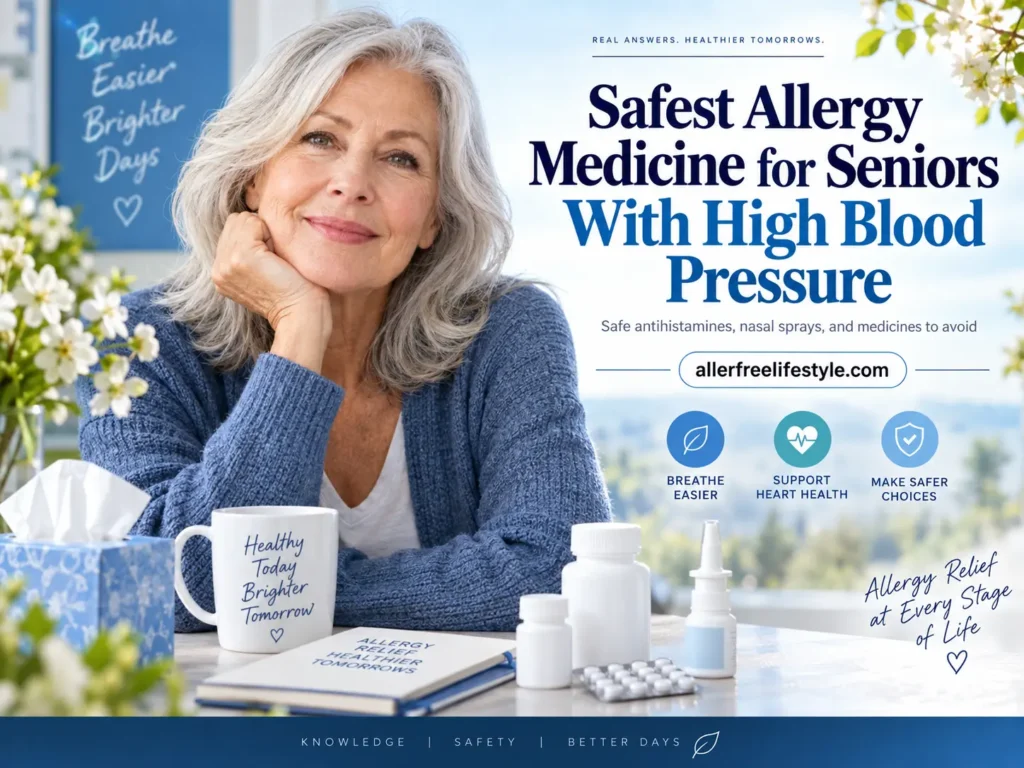 Senior woman discussing safe allergy medicine options for allergic rhinitis with high blood pressure management