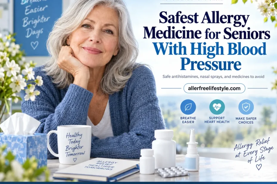 Senior woman discussing safe allergy medicine options for allergic rhinitis with high blood pressure management