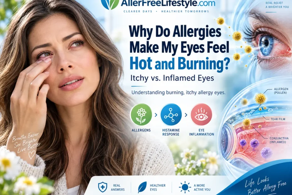 Woman experiencing allergy eye irritation with medical illustration showing allergens, histamine response, and inflamed burning eyes