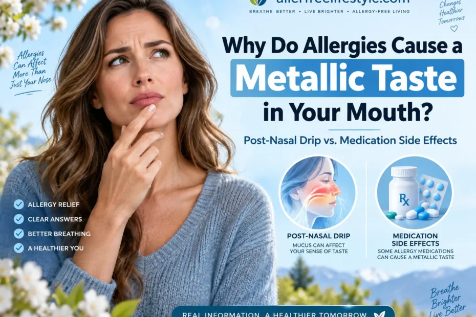 Woman experiencing metallic taste from allergies showing post-nasal drip and medication side effects explanation